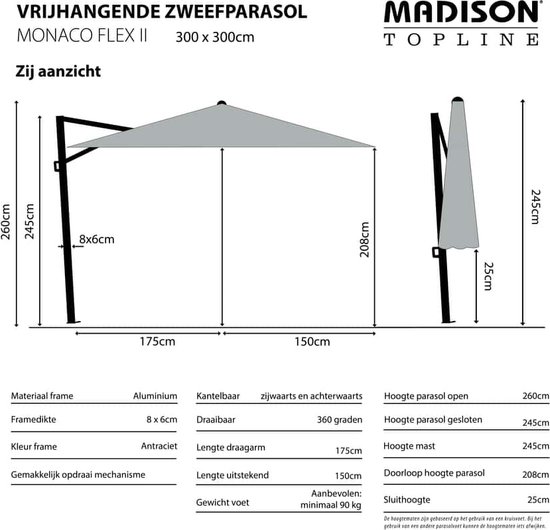 Madison Parasol Monaco Flex 300X300Cm